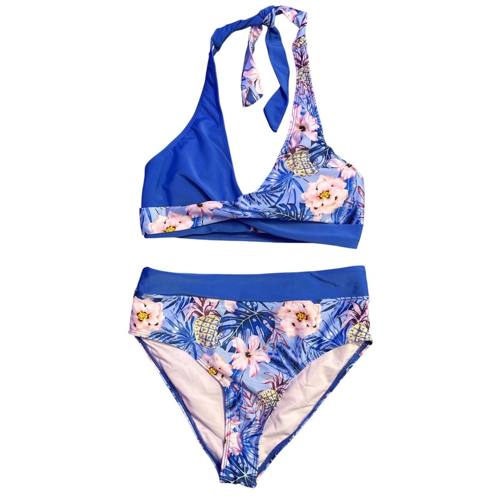Blue Tropical Floral Pineapple Halter Bikini Two Piece Swimsuit Women's Medium